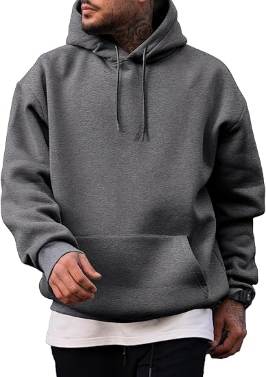 Men’s Oversized Hoodie Sweatshirt — Gray Pullover with Kangaroo Pocket, Adjustable Drawstring Hood & Long Sleeves, Thick Fleece for Autumn & Winter