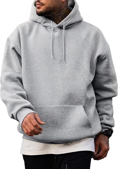 Men’s Oversized Hoodie Sweatshirt — Light Gray Pullover with Kangaroo Pocket, Adjustable Drawstring Hood & Long Sleeves, Thick Fleece Lining for Autumn & Winter