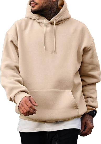 Men’s Beige Hoodie | Oversized Pullover Sweatshirt with Hood and Kangaroo Pocket | Casual Streetwear for Autumn & Winter