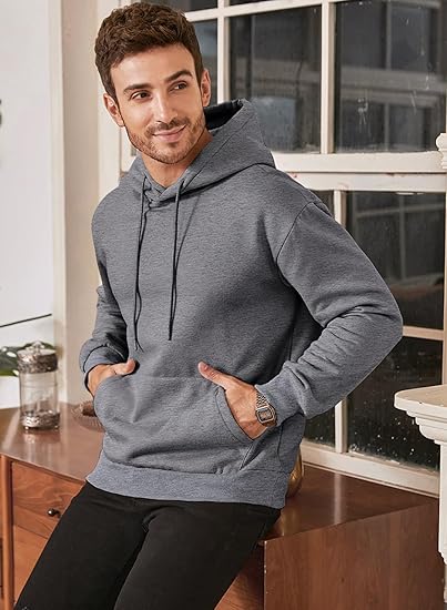 Men’s Oversized Hoodie Sweatshirt — Gray Pullover with Kangaroo Pocket, Adjustable Drawstring Hood & Long Sleeves, Thick Fleece for Autumn & Winter