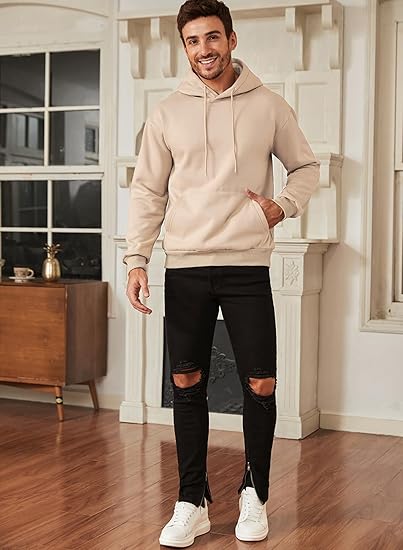 Men’s Beige Hoodie | Oversized Pullover Sweatshirt with Hood and Kangaroo Pocket | Casual Streetwear for Autumn & Winter