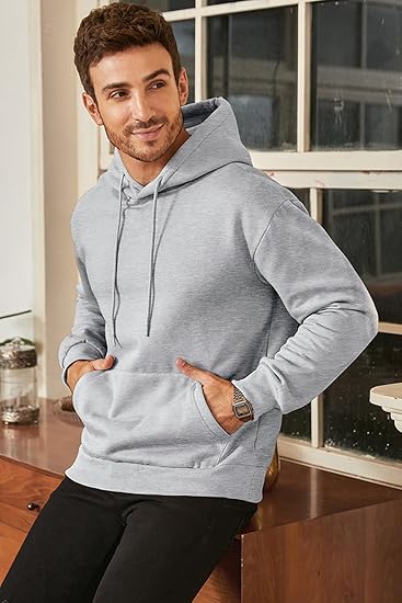 Men’s Oversized Hoodie Sweatshirt — Light Gray Pullover with Kangaroo Pocket, Adjustable Drawstring Hood & Long Sleeves, Thick Fleece Lining for Autumn & Winter