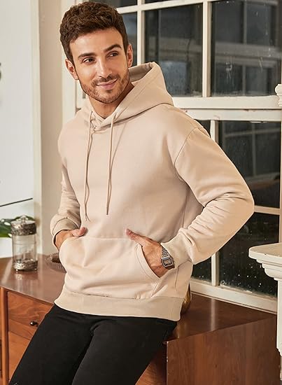 Men’s Beige Hoodie | Oversized Pullover Sweatshirt with Hood and Kangaroo Pocket | Casual Streetwear for Autumn & Winter