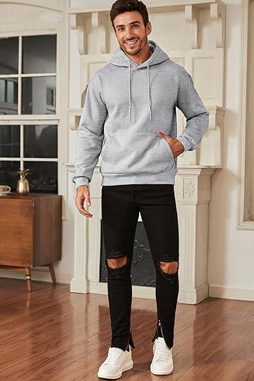 Men’s Oversized Hoodie Sweatshirt — Light Gray Pullover with Kangaroo Pocket, Adjustable Drawstring Hood & Long Sleeves, Thick Fleece Lining for Autumn & Winter