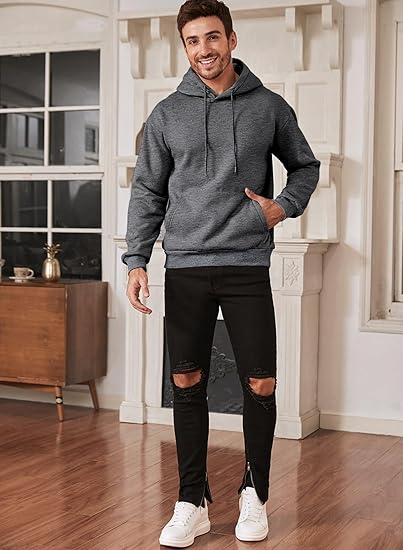 Men’s Oversized Hoodie Sweatshirt — Gray Pullover with Kangaroo Pocket, Adjustable Drawstring Hood & Long Sleeves, Thick Fleece for Autumn & Winter